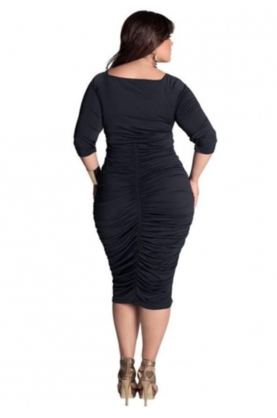 Plus Size Women Solid Half Sleeve Puckering Deep V-Neck Bandage Dress