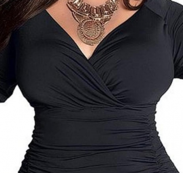 Plus Size Women Solid Half Sleeve Puckering Deep V-Neck Bandage Dress